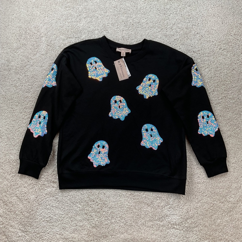 Philosophy Republic Clothing Womens Sequin Ghost Sweatshirt Black S New
